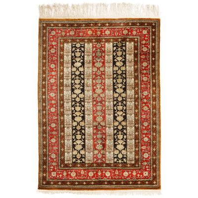 Vintage Qum Brown Beige and Red Silk Persian Rug