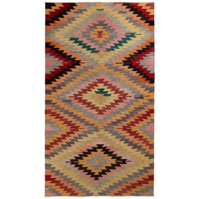 Handwoven Vintage Afyon Kilim Rug in Multicolor All Over Geometric Pattern