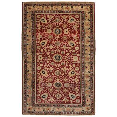 Antique Agra Red Green and Beige-gold Geometric-floral Wool Rug