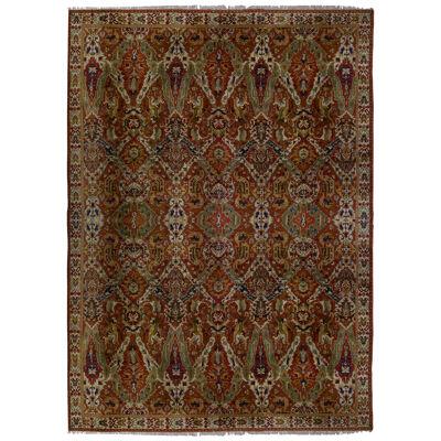 Hand-Hooked Antique Rug in Red and Green All Over Floral Pattern