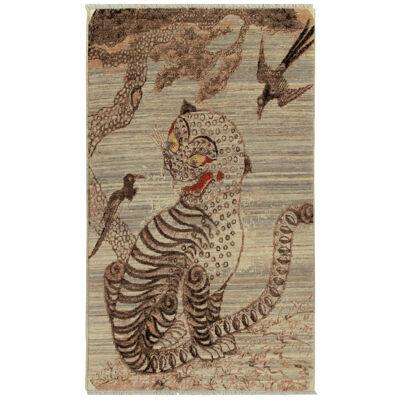 Rug & Kilim’s Pictorial Tiger Rug in Beige-Brown, Gray and Red