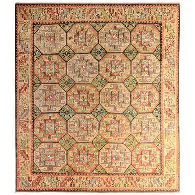 Handwoven Vintage Kilim Rug In Beige Green And Red All Over Geometric Pattern