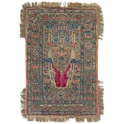 Handwoven Antique Tapestry in Beige-Green and Red Floral Patterns
