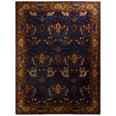 Hand-knotted Antique Agra Rug in Gold and Blue All Over Floral Pattern