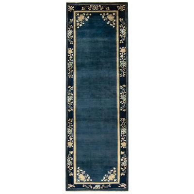 Vintage Chinese Deco Style Runner in Deep Blue, off White, Gold Floral Border