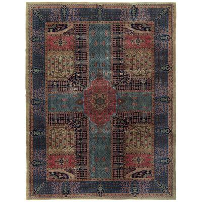 Hand-Knotted Antique Indian Rug in Blue, Red, Beige-Brown Garden Pattern