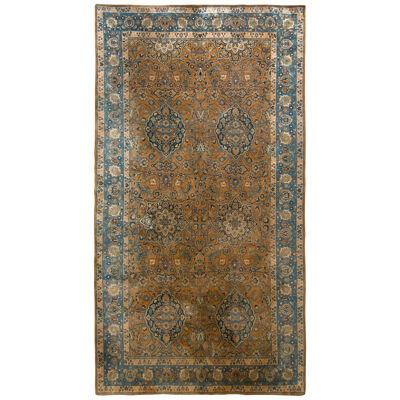 Hand-Knotted Antique Mashad Rug in Beige-Brown and Blue Floral Pattern