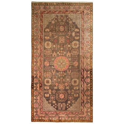 Hand-knotted Antique Khotan Rug in Beige-brown and Pink Medallion Pattern