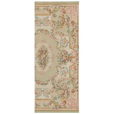 Handwoven Aubusson Flat Weave Style Fragment, Green, Pink, Beige Floral Rug