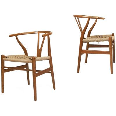 Pair of Hans Wegner Wishbone Danish Dining Chairs CH 24
