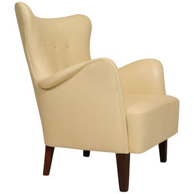 Early Peter Hvidt Lounge Chair in Light Yellow Cream Leather	