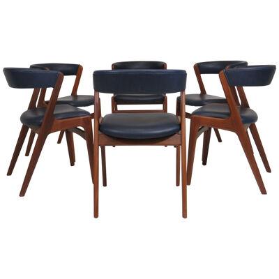 Kai Kristiansen Curved Back Dining Chairs in Navy Leather