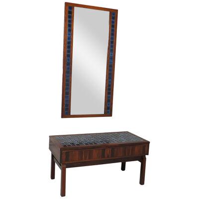 Rosewood and Blue Tile Entry Cabinet and Mirror