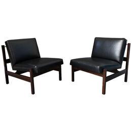 Forma Brazil Rosewood Lounge Chairs in Black Leather