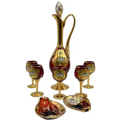Vintage Tre Fuochi Venetian Murano Glass Ruby Red Goblets and Pitcher, 8 Pc Set