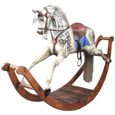 Large Antique Rocking Horse on Curved Wooden Rockers