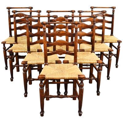 Set of 8 18th Century Style Oak Ladder Back Dining Chairs