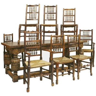 Antique Carved Oak Refectory Table & 8 Chairs
