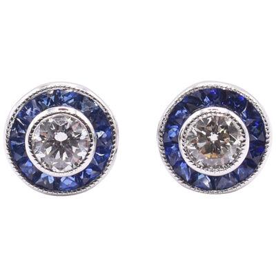 Pair of Art Deco Style 18k White Gold Diamond & Sapphire Target Earrings