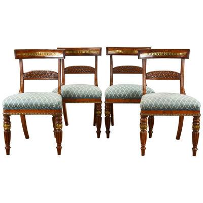 Set of 4 Regency Pollard Oak & Brass Inlaid Dining Chairs