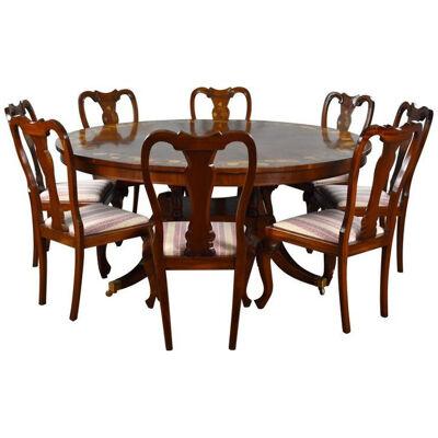 20th Century English Walnut & Marquetry Circular Dining Table & 8 Chairs