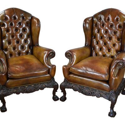 Pair of Victorian Hand Dyed Leather Wing Back Armchairs