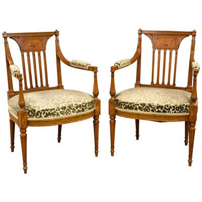 Pair of Edwardian Hand Painted Satinwood Armchairs
