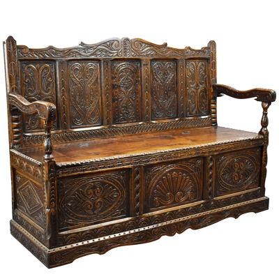 19th Century Carved Oak Bench