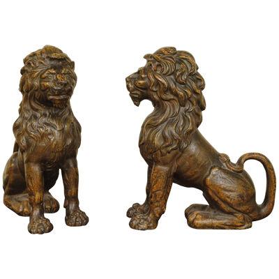 Pair of 19th Century Patinated Cast Iron Lions