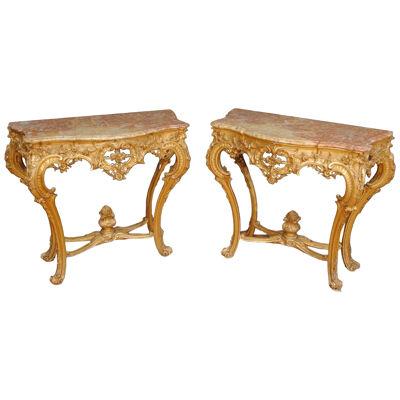 PAIR OF FRENCH CARVED GILTWOOD CONSOLE TABLES
