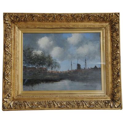 19th Century Dutch Oil on Canvas River Scene