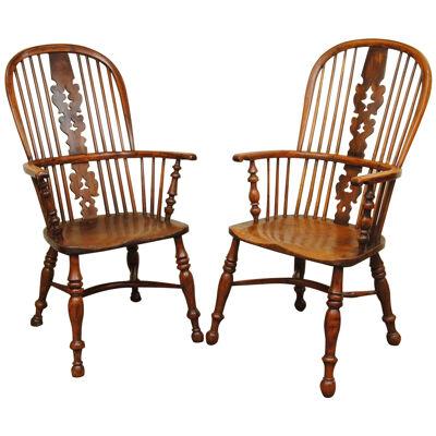 Pair of 19th Century Nottinghamshire Yew Wood Windsor Armchairs