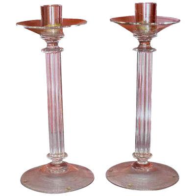 Pair of Modern Archimede Seguso Murano Glass Crystal Candlesticks