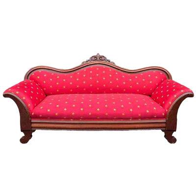 Antique Empire Sofa with Red & Gold Clarence House Fabric, Mid-19th Century