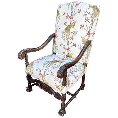 Antique Carved Walnut Throne Chair with Embroidered Bird Fabric, 19th Century