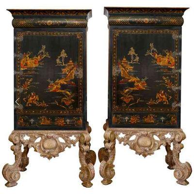 Pair of Hendrix Allardyce 18c Style Georgian Chinoiserie Giltwood Cabinets