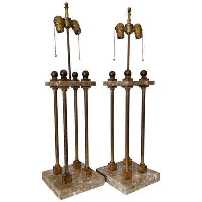Mid Century Modern Architectural Bronze & Marble Table Lamps