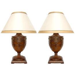 Pair of Georgian Style Carved Walnut Designer Table Lamps by Randy Esada