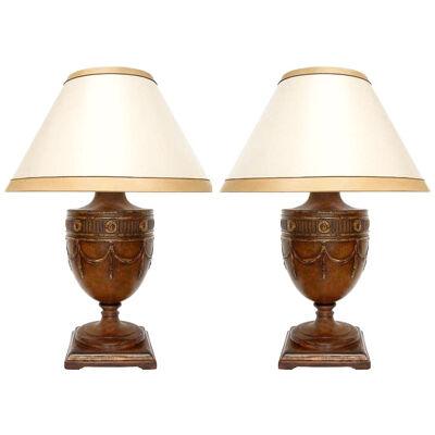Pair of Georgian Style Carved Walnut Designer Table Lamps by Randy Esada