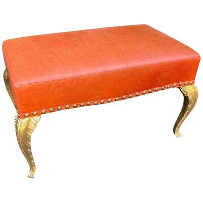 French Deco Gilt-Wood Palm Leaf Orange Leather Bench by Randy Esada Designs