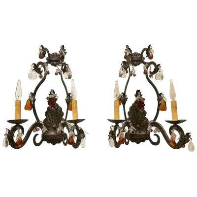 Pair of Murano Venetian Glass and Wrought Iron Wall Light Sconce