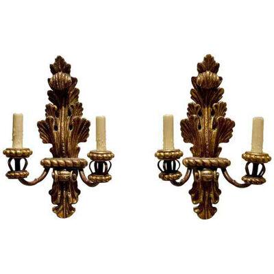 Pair of 18th C Style Michael Taylor Giltwood Acanthus Leaf Lite Sconce