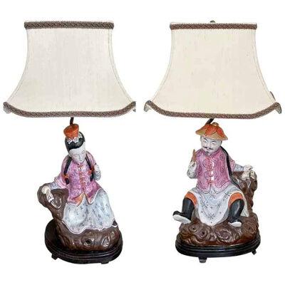 Antique Chinese Ching Dynasty Seated Famille Rose Figurines Designer Table Lamps