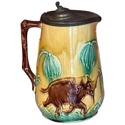 Antique Majolica Pottery ElephantPewter Lidded Jug Pitcher, 19th Century