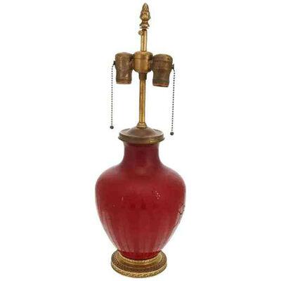 Antique Art Deco Steuben Red Acid Etched Glass Lamp, 1920s