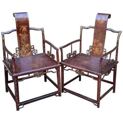 Pair of Antique Chinese Red Lacquer Arm Chairs, 19th Century