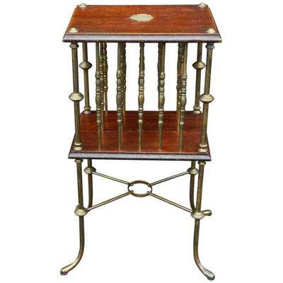 Antique Brass & Mahogany Magazine Rack Table Stand, 19th Century