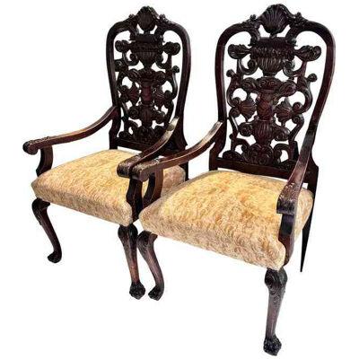 Pair of Antique Portuguese Arm Chairs W Fortuny Seats