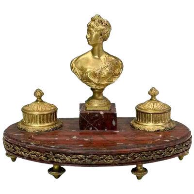 Antique French Gilt Bronze Inkwell on Rouge Marble Stand, 19th Century