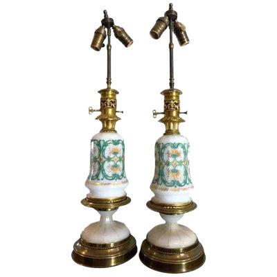 Pair of Antique French Opaline Glass Designer Table Lamps, Late 19th Century
